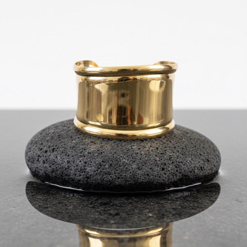 Gold asymmetric cuff bracelet, broad gold bangle, statement jewelry, modern adjustable cuff, anti-tarnish gold accessory, stylish everyday bracelet, contemporary gold jewelry