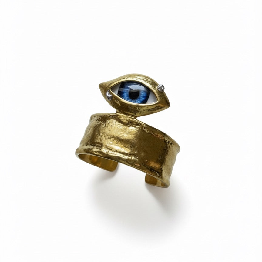 Eye design gold cuff, adjustable gold bracelet, statement jewelry, stylish gold cuff, anti-tarnish gold accessory, modern gold bangle, contemporary eye bracelet