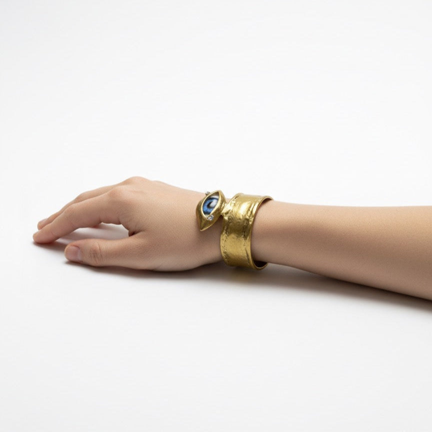 Eye design gold cuff, adjustable gold bracelet, statement jewelry, stylish gold cuff, anti-tarnish gold accessory, modern gold bangle, contemporary eye bracelet