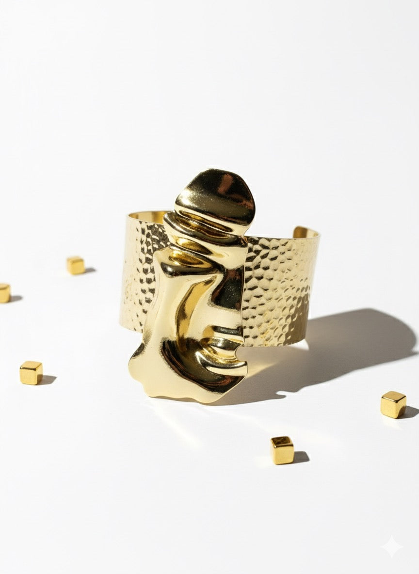 Gold adjustable bangle inspired by hidden face mask, stylish gold bracelet, anti-tarnish bangle with pouch, modern fashion jewelry, trendy face mask accessory, versatile everyday gold bangle