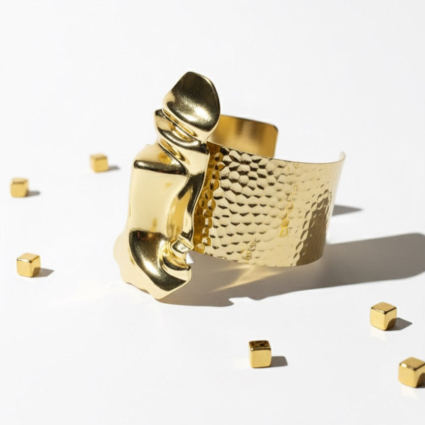 Gold adjustable bangle inspired by hidden face mask, stylish gold bracelet, anti-tarnish bangle with pouch, modern fashion jewelry, trendy face mask accessory, versatile everyday gold bangle