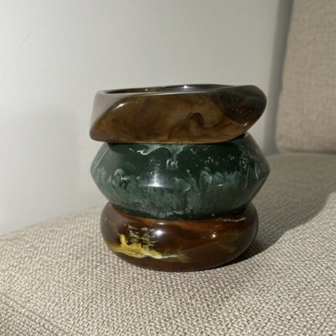 Set of 3 handcrafted bangles in dark green, yellow, and brown